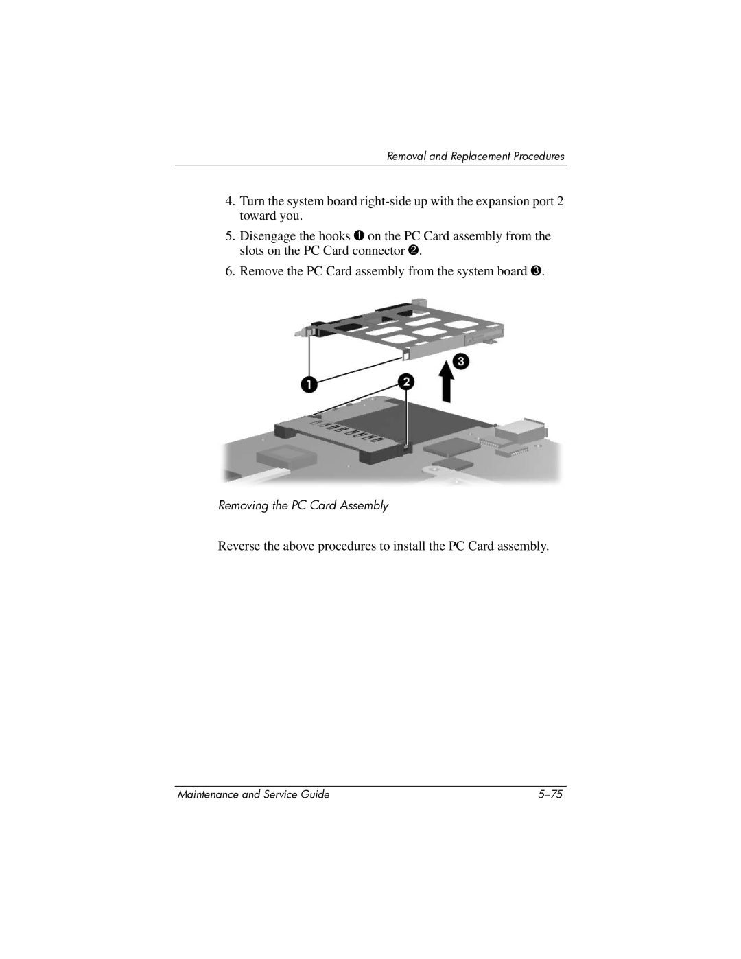 HP dv5000 dv5000 manual Reverse the above procedures to install the PC Card assembly 