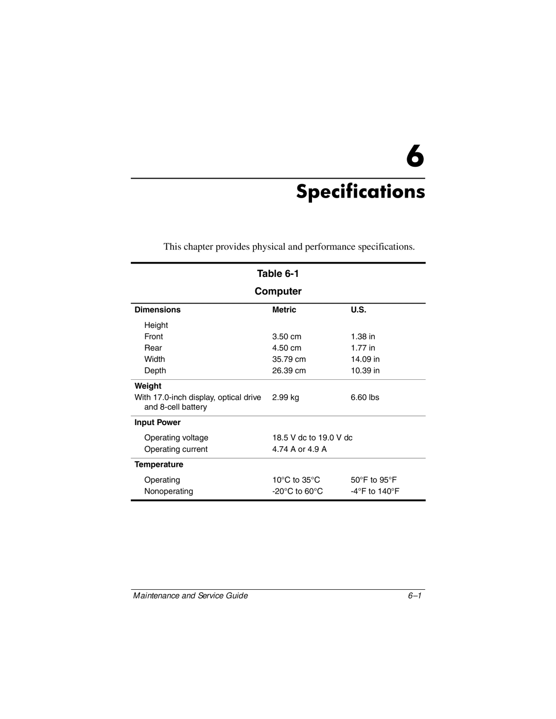 HP dv5000 dv5000 manual Computer, Dimensions Metric, Weight, Input Power, Temperature 