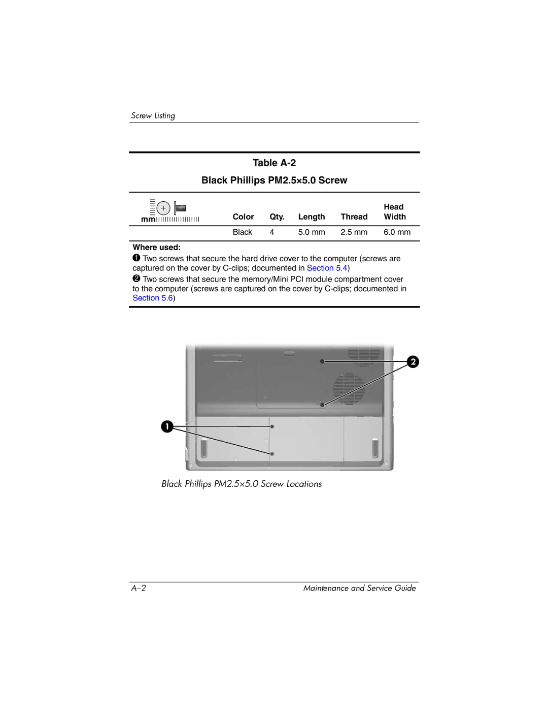 HP dv5000 dv5000 manual Table A-2 Black Phillips PM2.5×5.0 Screw 