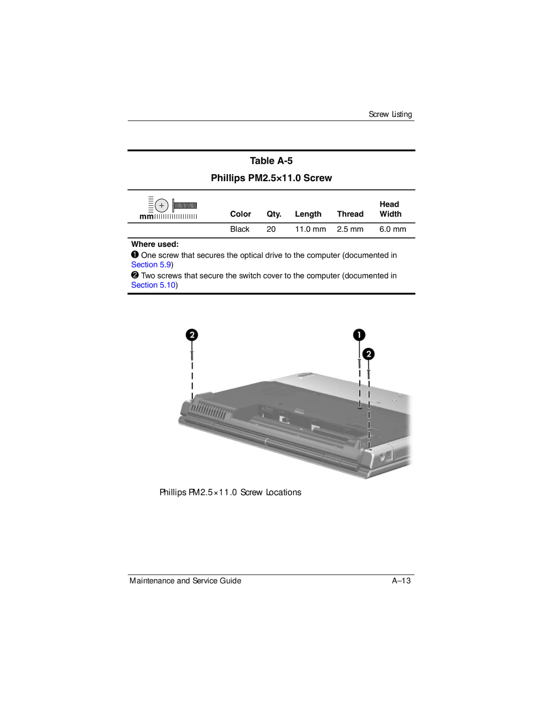 HP dv5000 dv5000 manual Table A-5 Phillips PM2.5×11.0 Screw, Color Qty Length Thread Width Black 11.0 mm Where used 