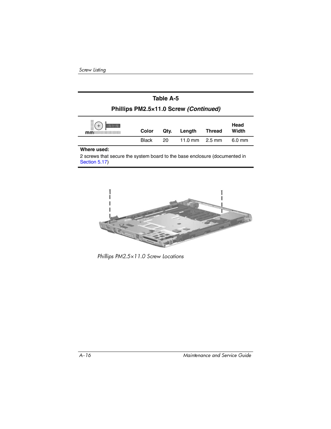 HP dv5000 dv5000 manual Table A-5 Phillips PM2.5×11.0 Screw 