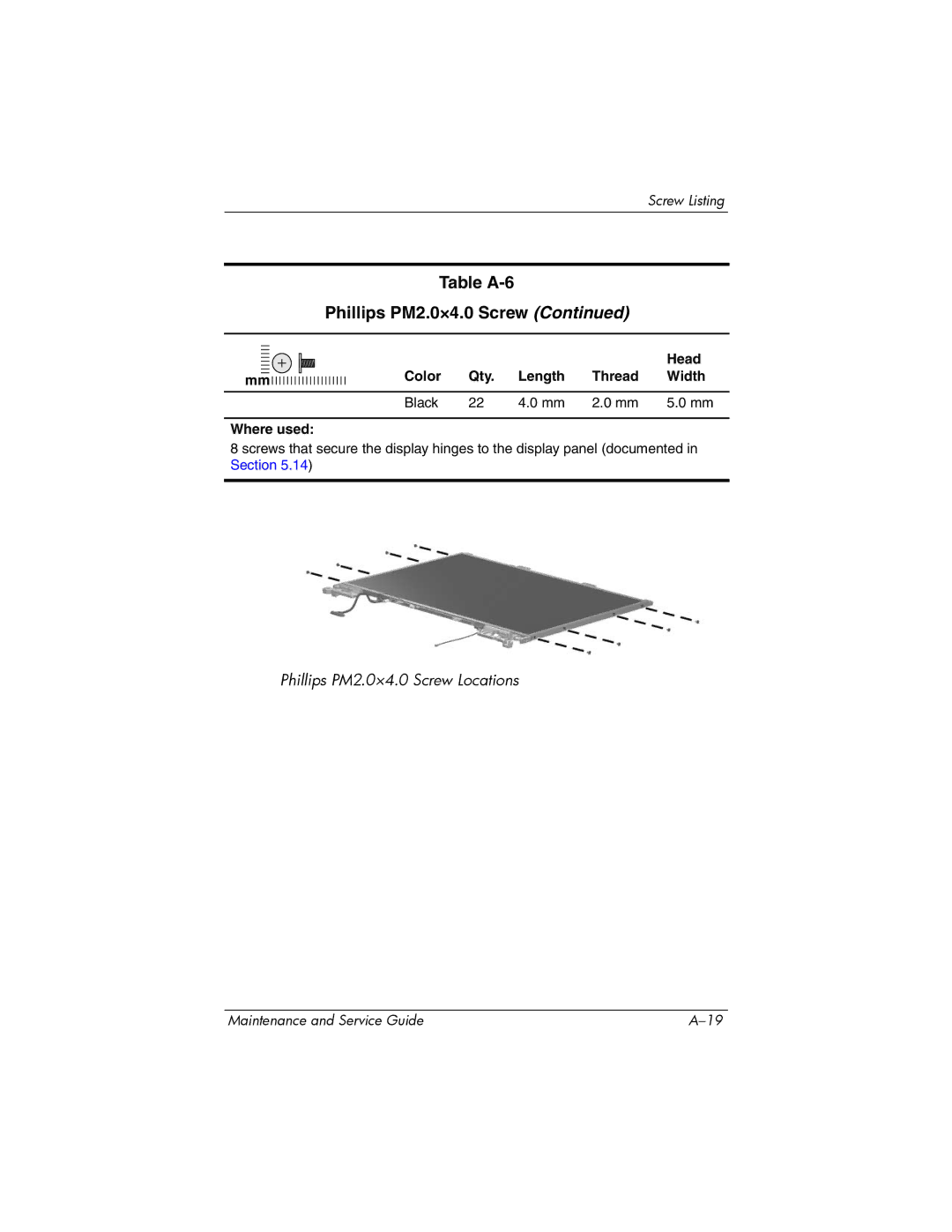 HP dv5000 dv5000 manual Table A-6 Phillips PM2.0×4.0 Screw 