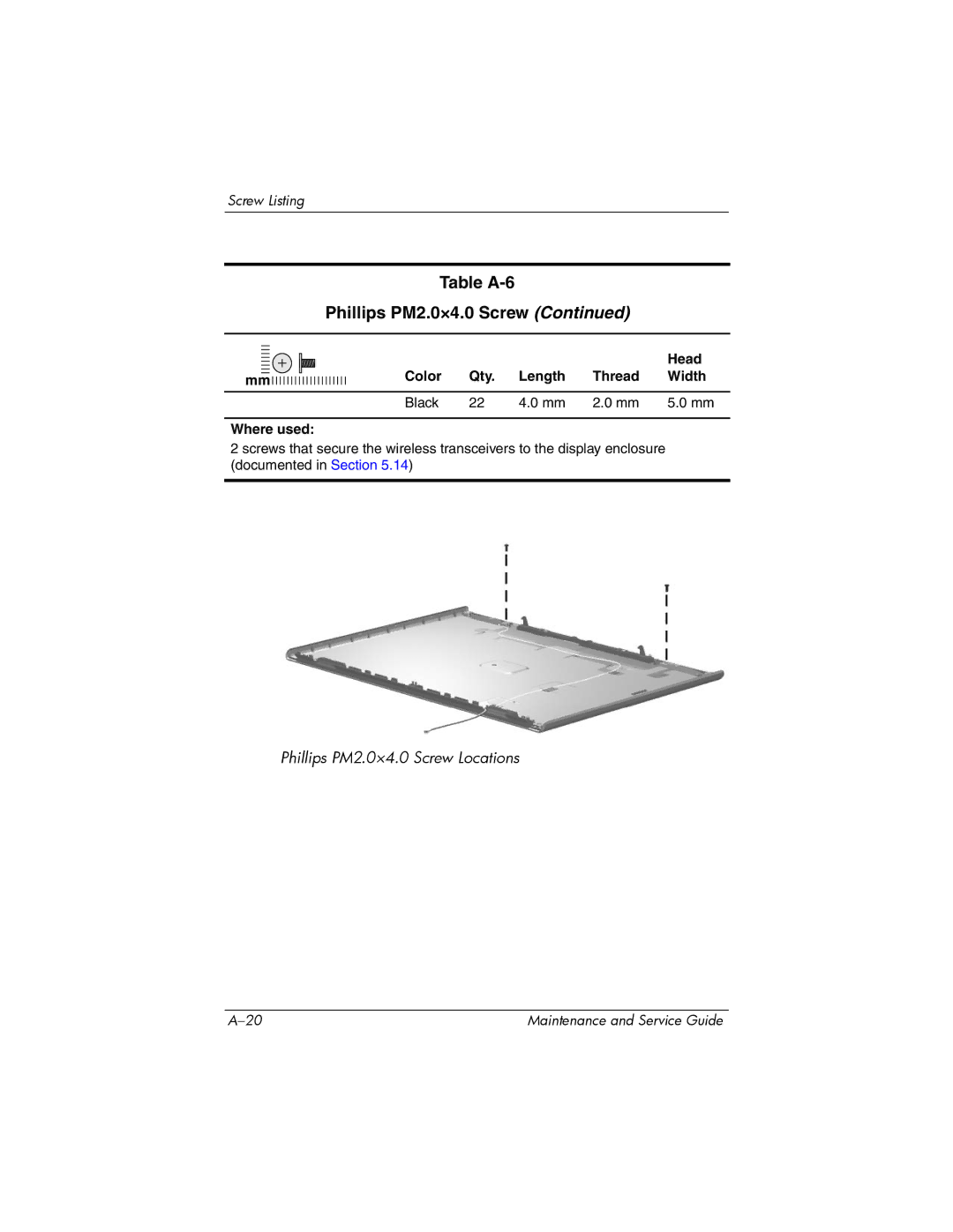 HP dv5000 dv5000 manual Table A-6 Phillips PM2.0×4.0 Screw 