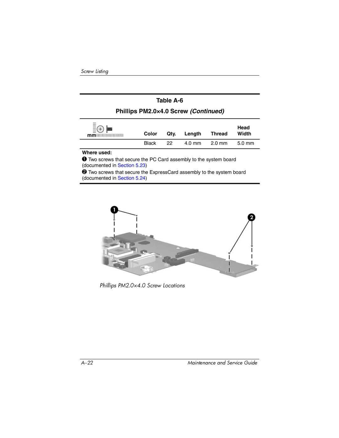 HP dv5000 dv5000 manual Table A-6 Phillips PM2.0×4.0 Screw 