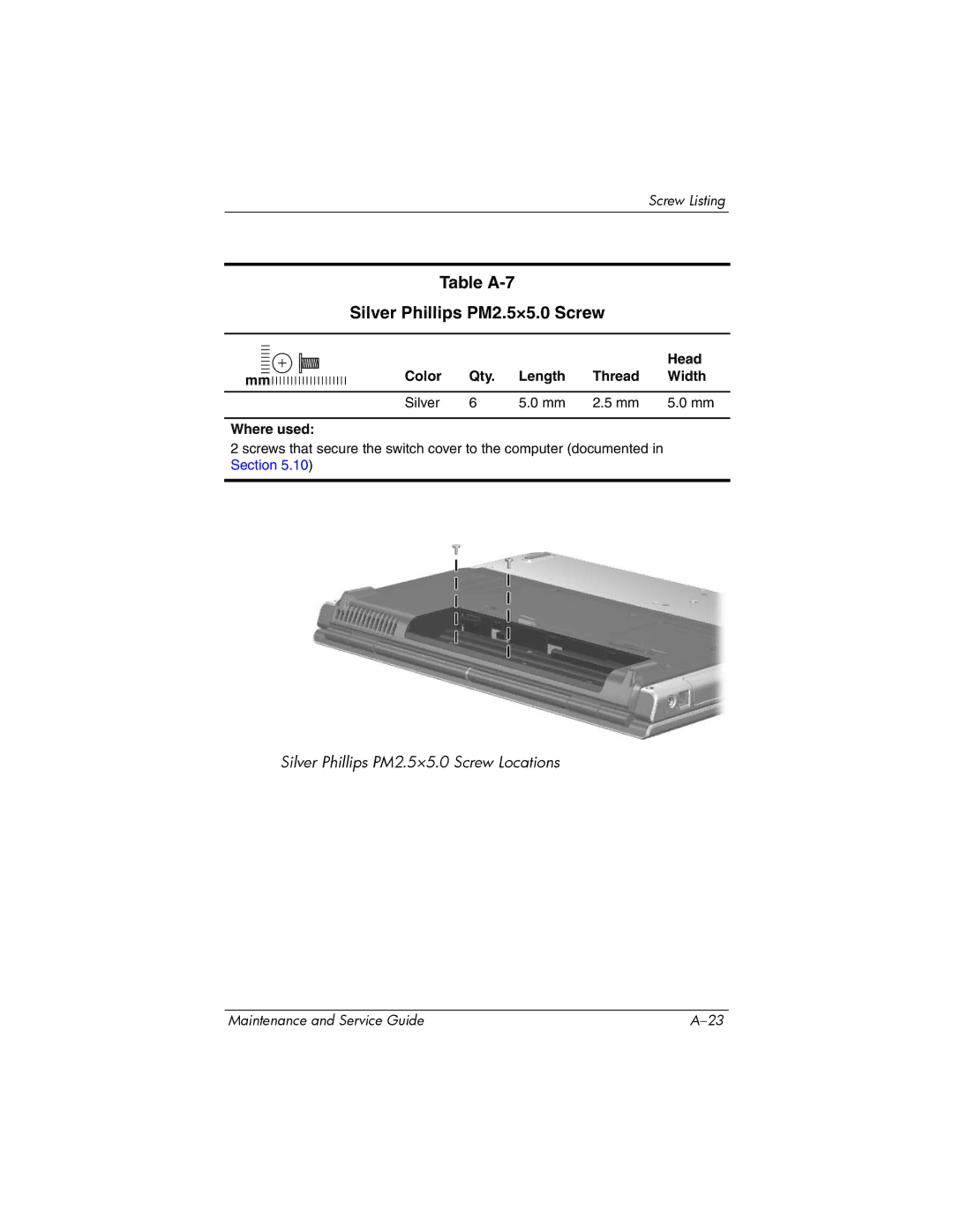 HP dv5000 dv5000 manual Table A-7 Silver Phillips PM2.5×5.0 Screw, Color Qty Length Thread Width Silver Where used 