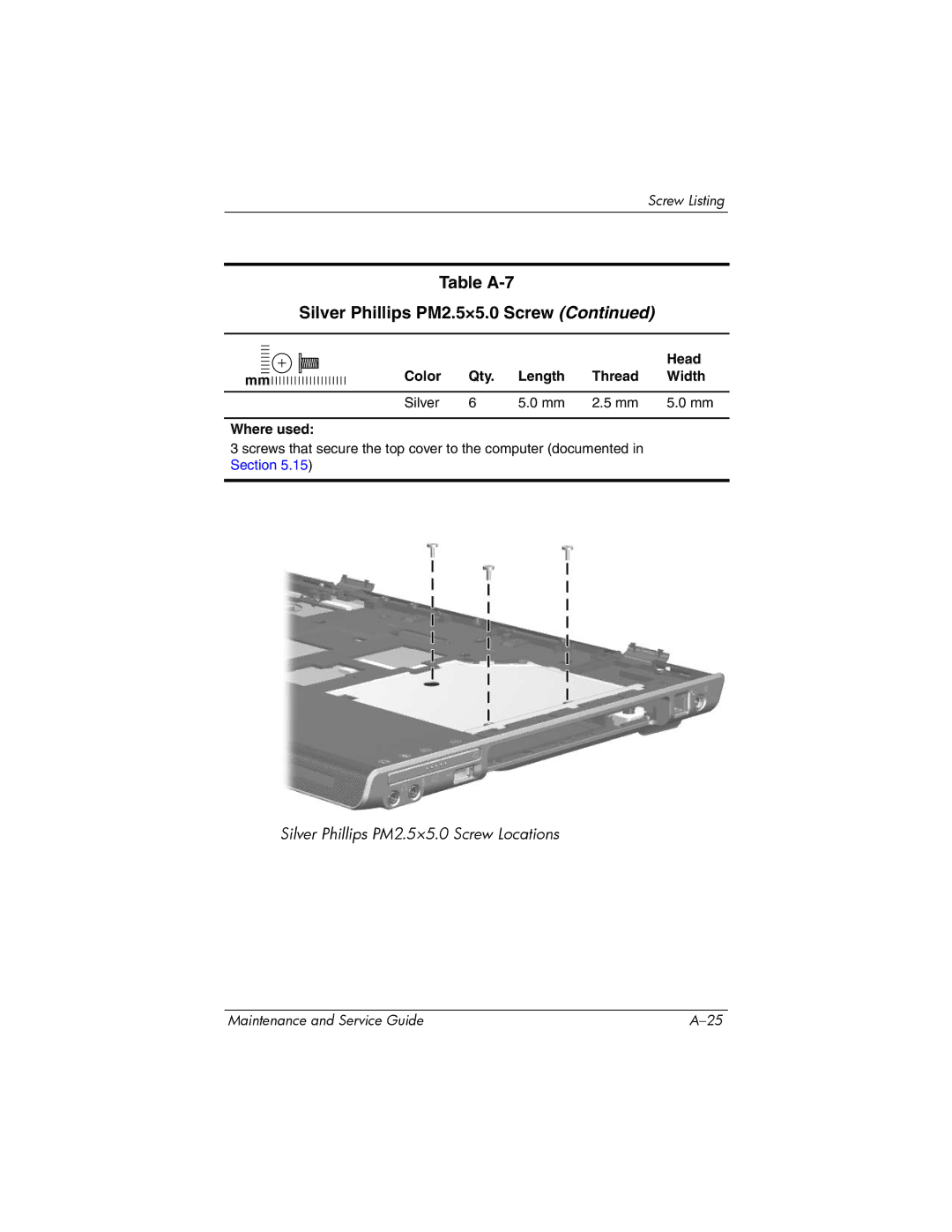 HP dv5000 dv5000 manual Table A-7 Silver Phillips PM2.5×5.0 Screw 