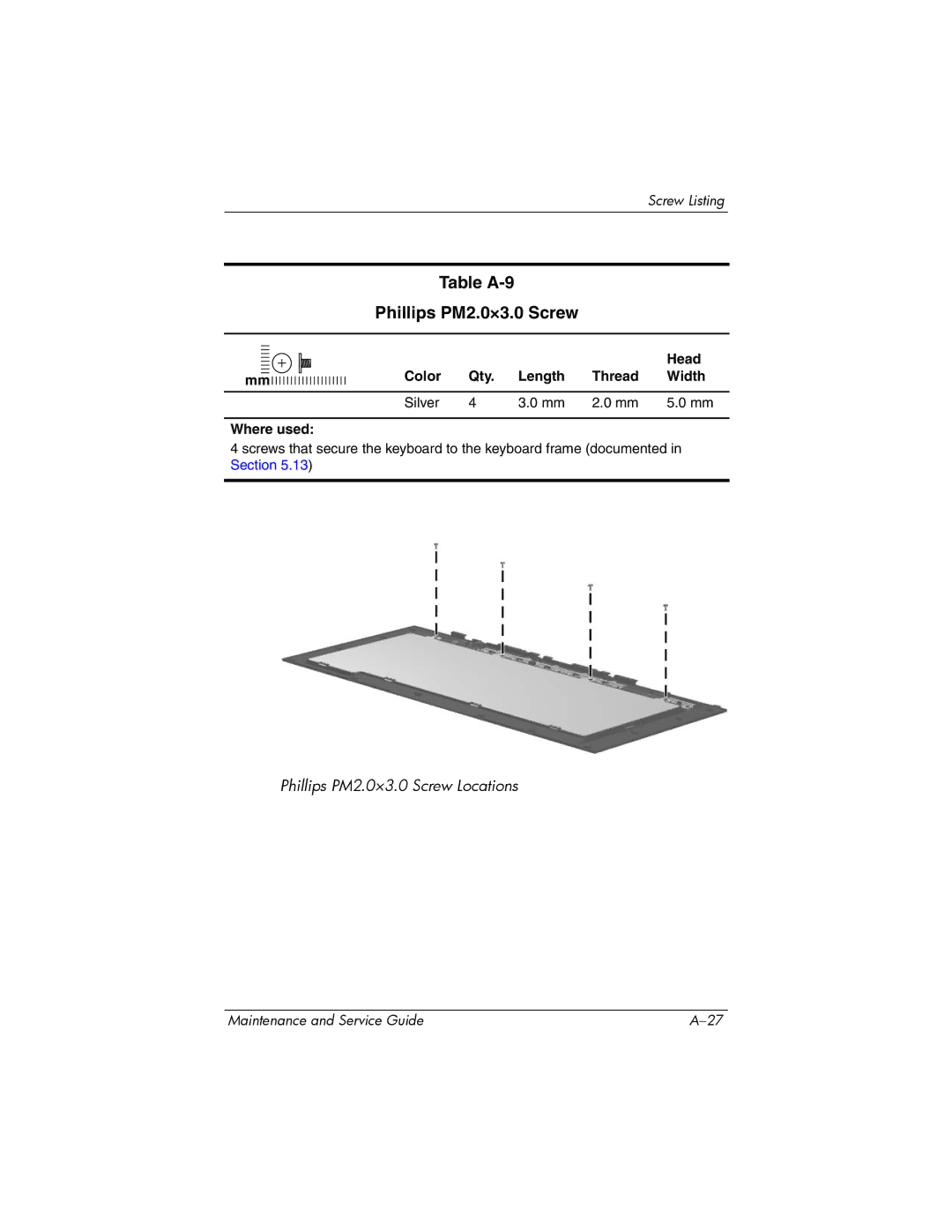 HP dv5000 dv5000 manual Table A-9 Phillips PM2.0×3.0 Screw 