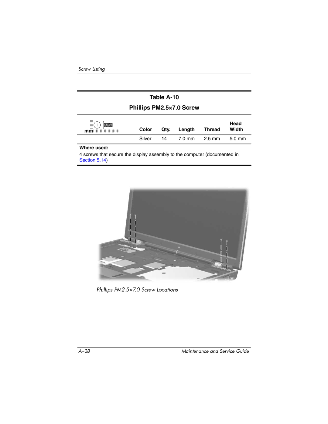 HP dv5000 dv5000 manual Table A-10 Phillips PM2.5×7.0 Screw 