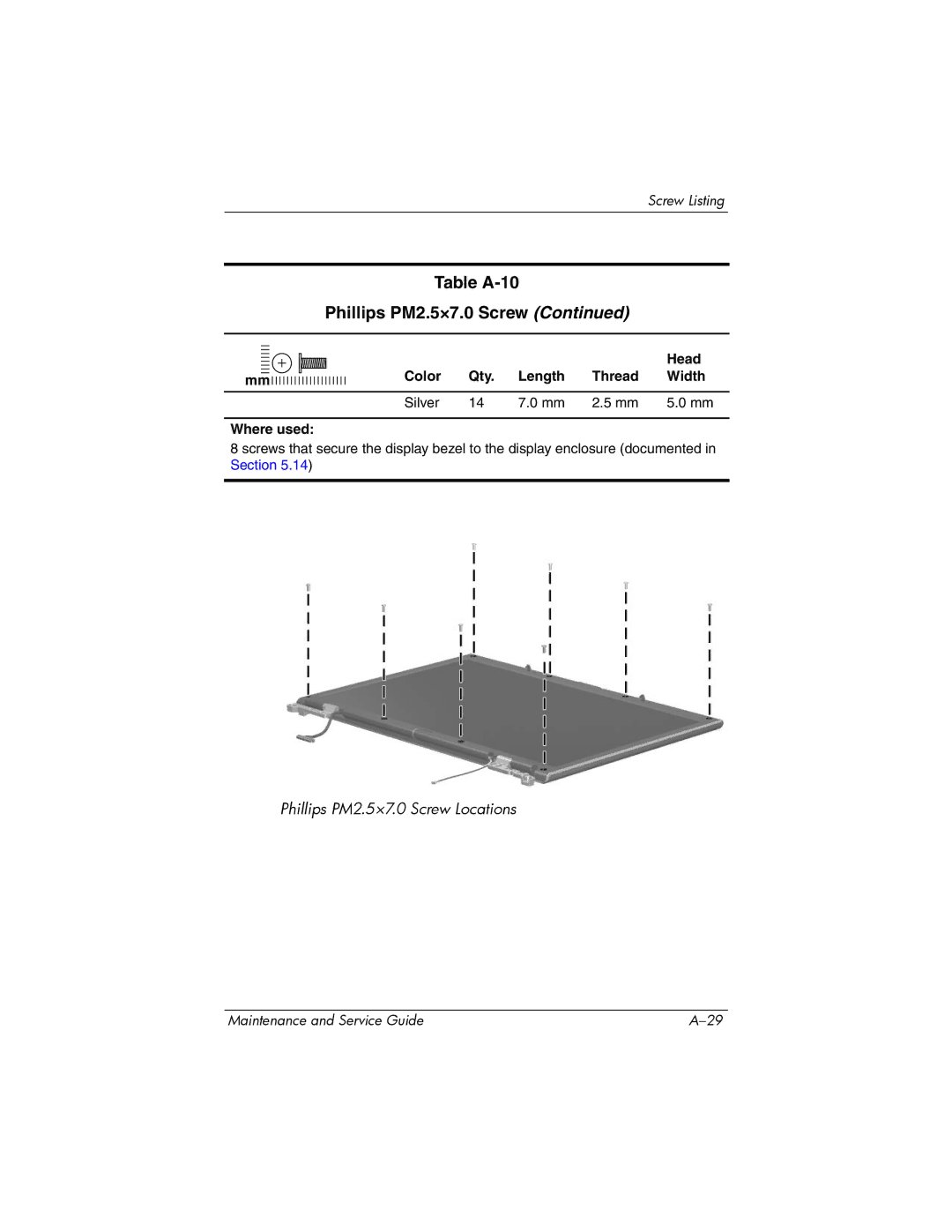 HP dv5000 dv5000 manual Table A-10 Phillips PM2.5×7.0 Screw 