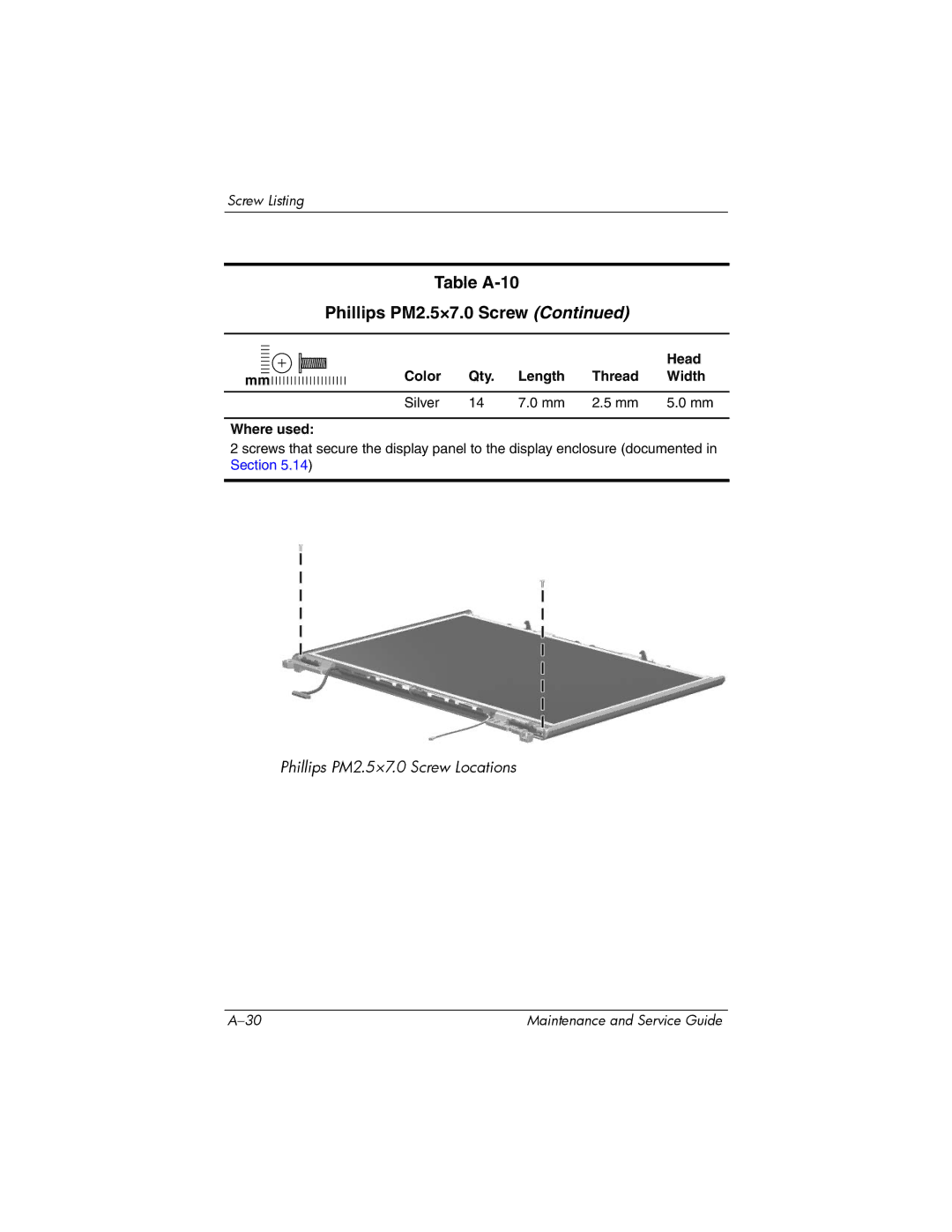 HP dv5000 dv5000 manual Table A-10 Phillips PM2.5×7.0 Screw 