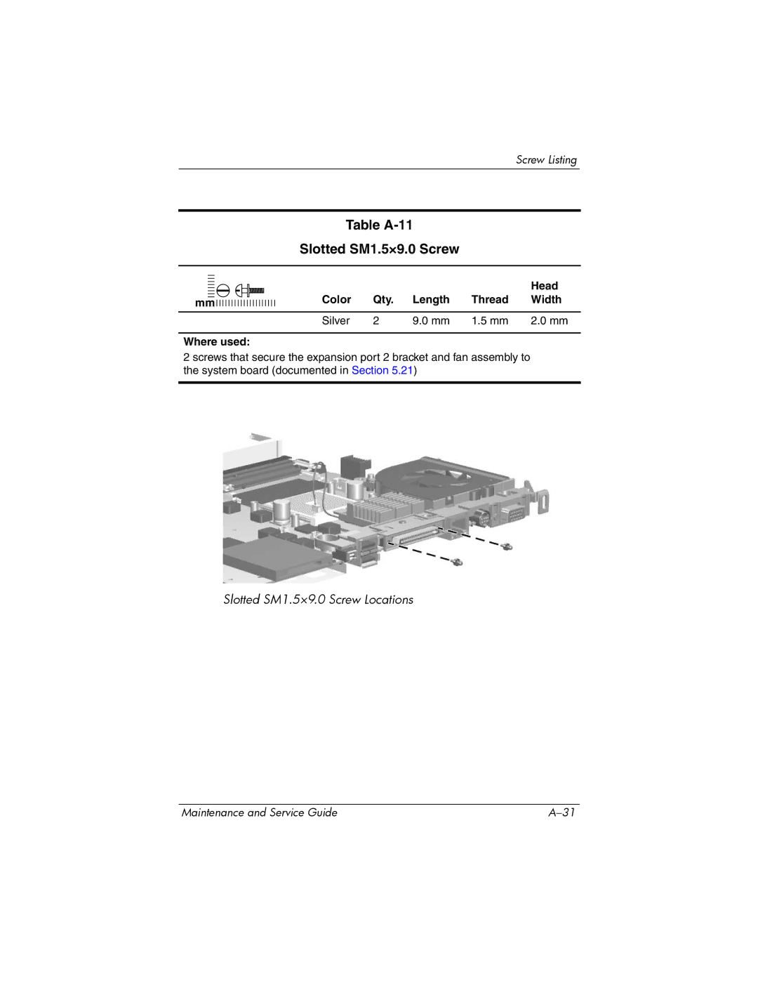 HP dv5000 dv5000 manual Table A-11 Slotted SM1.5×9.0 Screw 