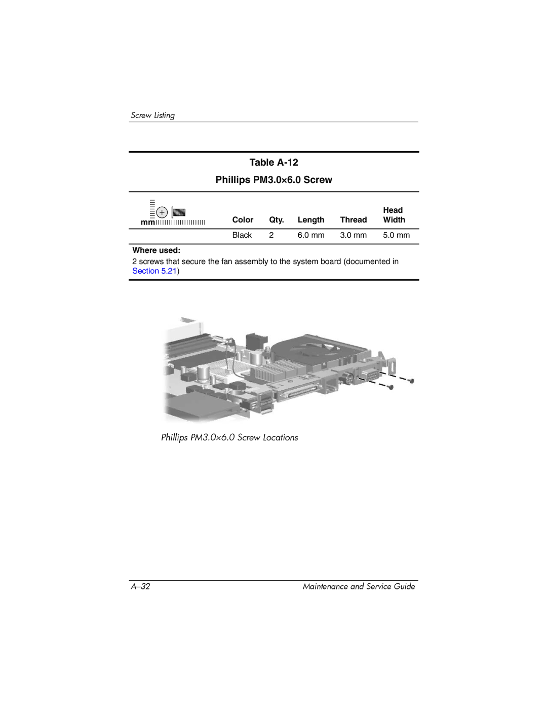 HP dv5000 dv5000 manual Table A-12 Phillips PM3.0×6.0 Screw, Color Qty Length Thread Width Black Where used 