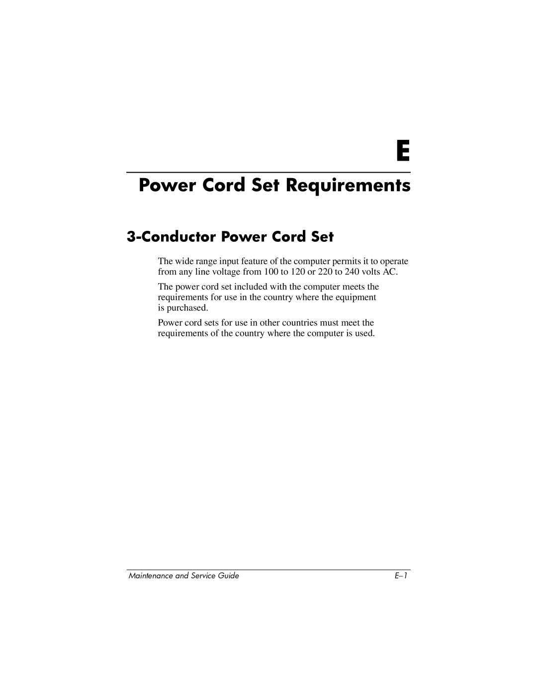 HP dv5000 dv5000 manual Power Cord Set Requirements, Conductor Power Cord Set 