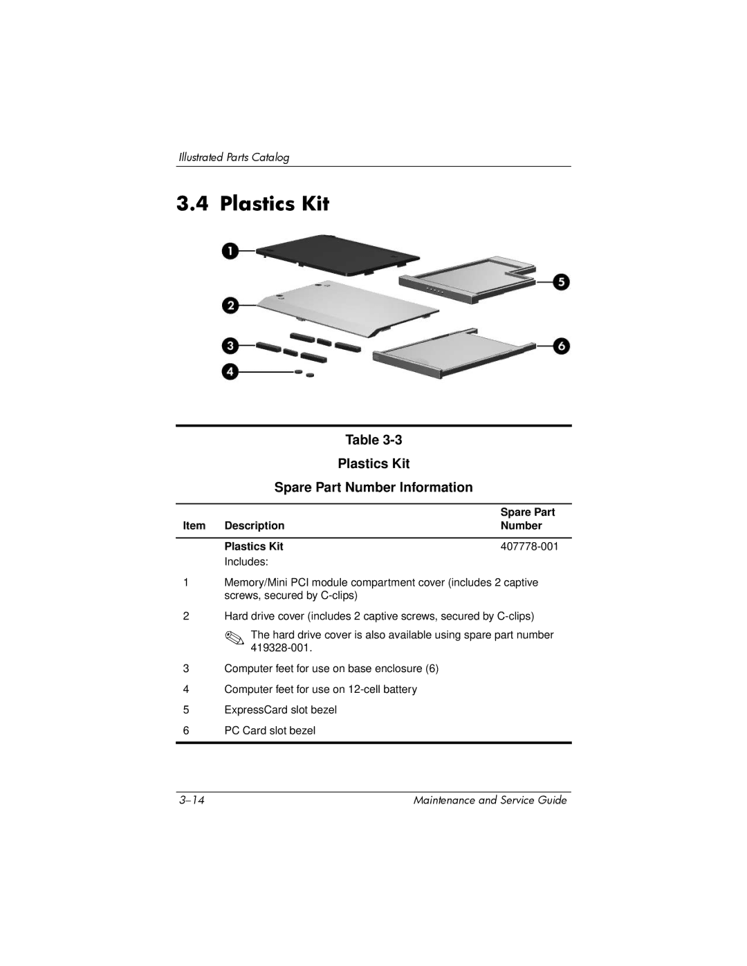 HP dv5000 dv5000 Plastics Kit Spare Part Number Information, Item Description Number Plastics Kit 407778-001 Includes 