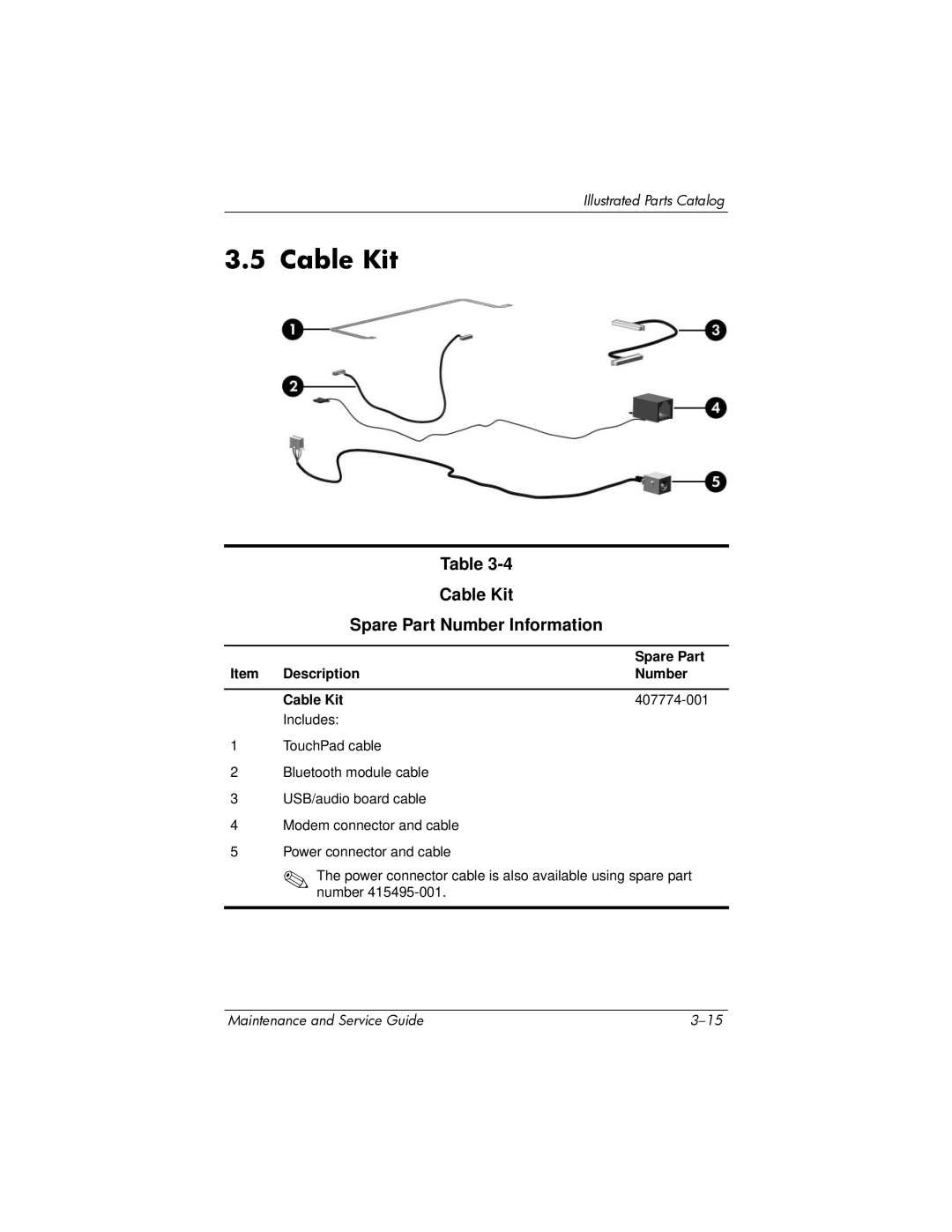 HP dv5000 dv5000 manual Cable Kit Spare Part Number Information, Item Description Number Cable Kit 407774-001 Includes 