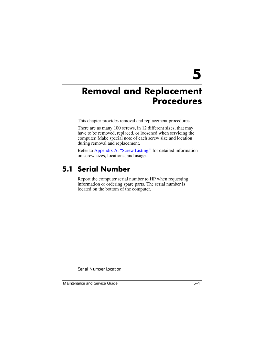 HP dv5000 dv5000 manual Removal and Replacement Procedures, Serial Number 