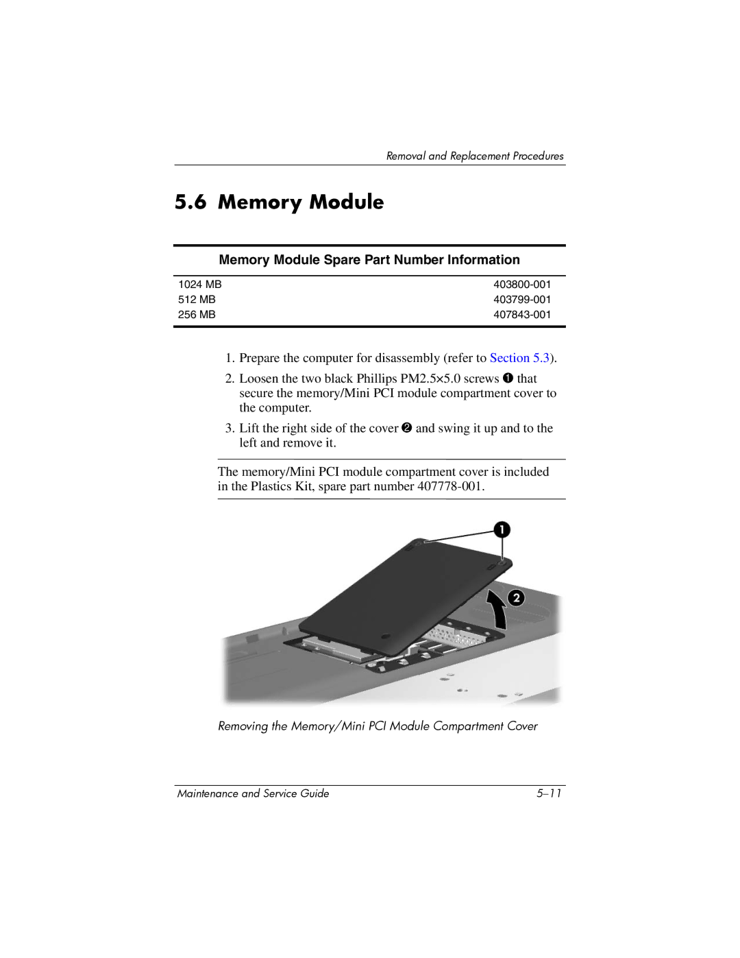 HP dv5000 dv5000 manual Memory Module Spare Part Number Information 