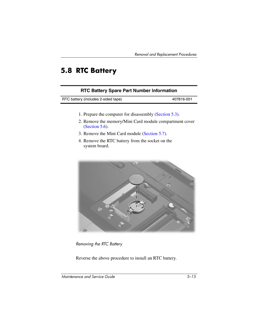 HP dv5100 manual RTC Battery Spare Part Number Information 