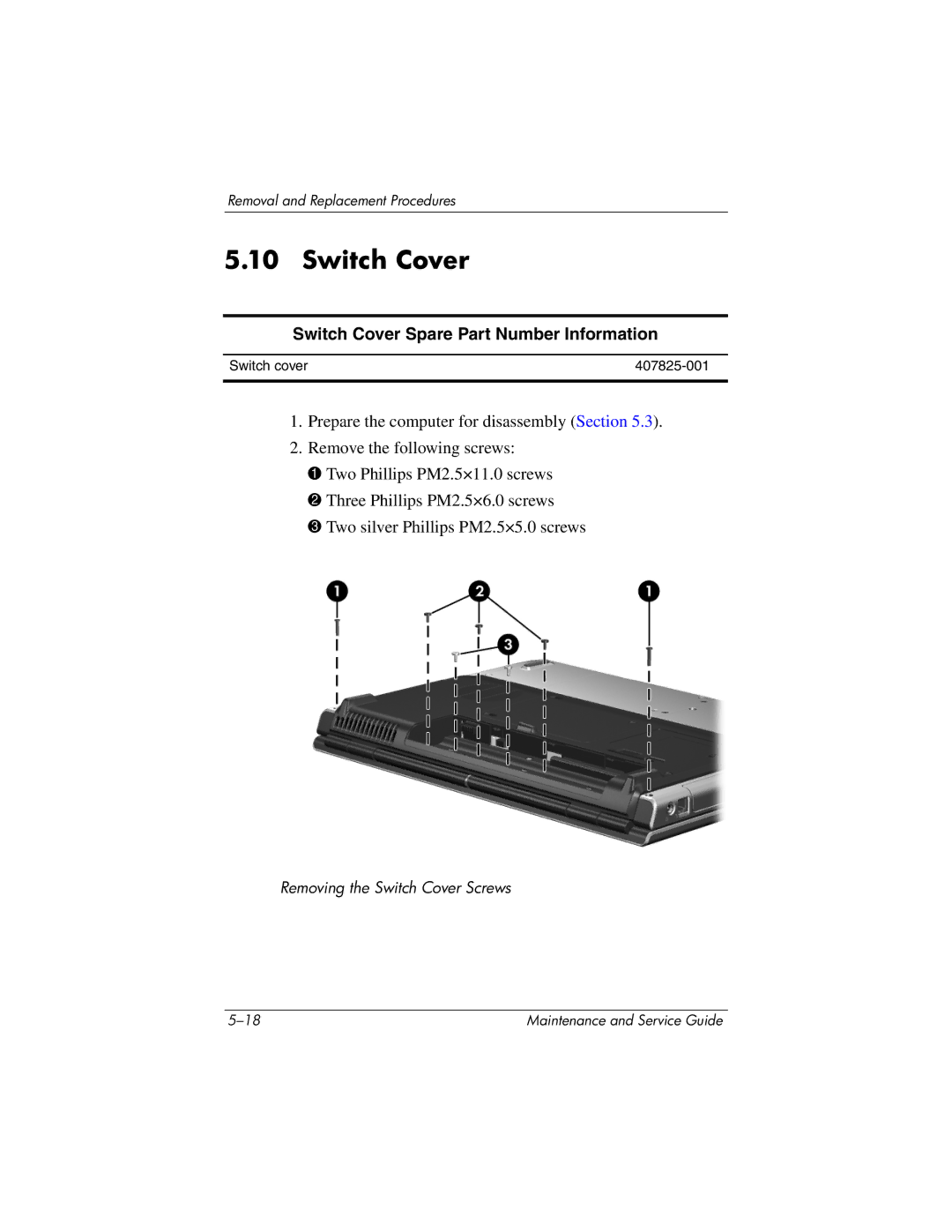 HP dv5100 manual Switch Cover Spare Part Number Information 