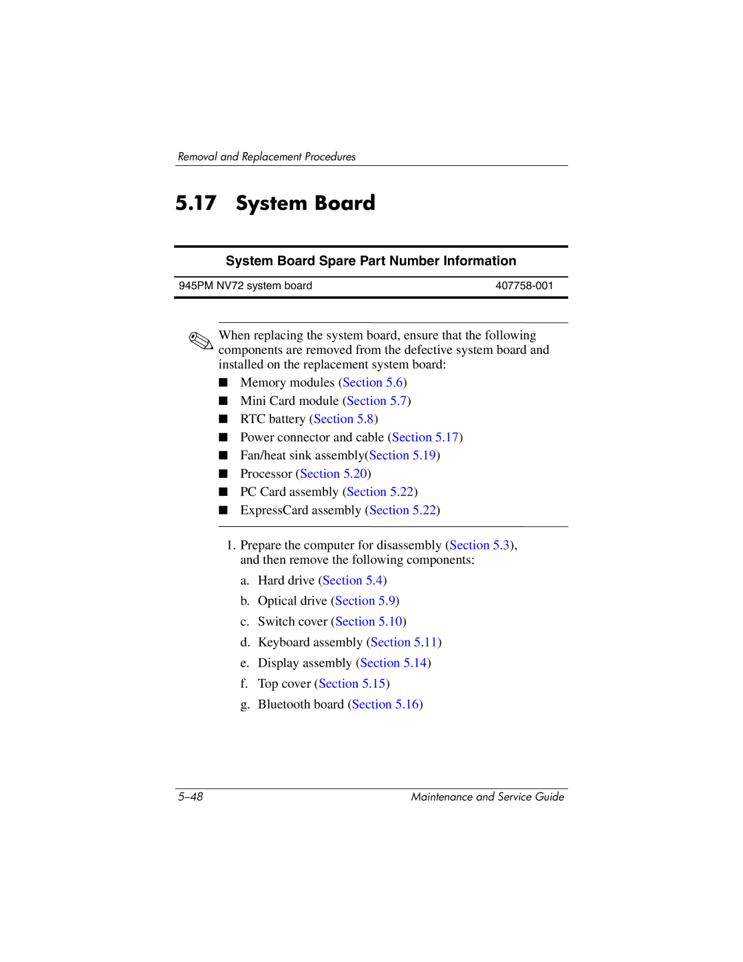 HP dv5100 manual System Board Spare Part Number Information 