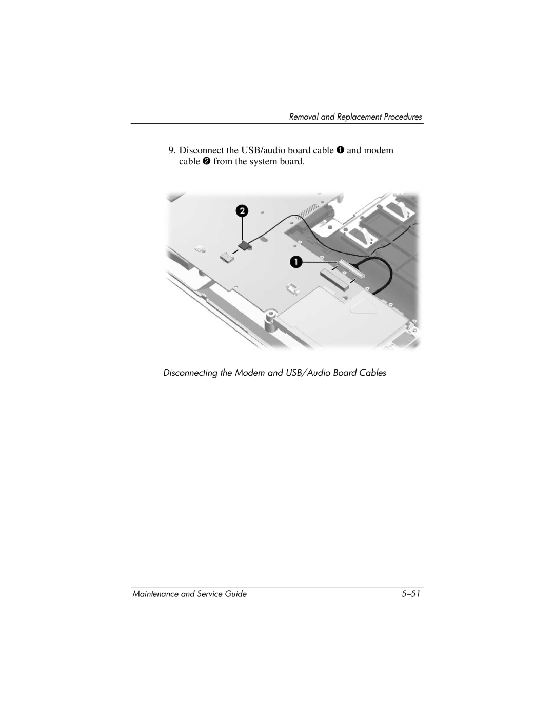 HP dv5100 manual Disconnecting the Modem and USB/Audio Board Cables 