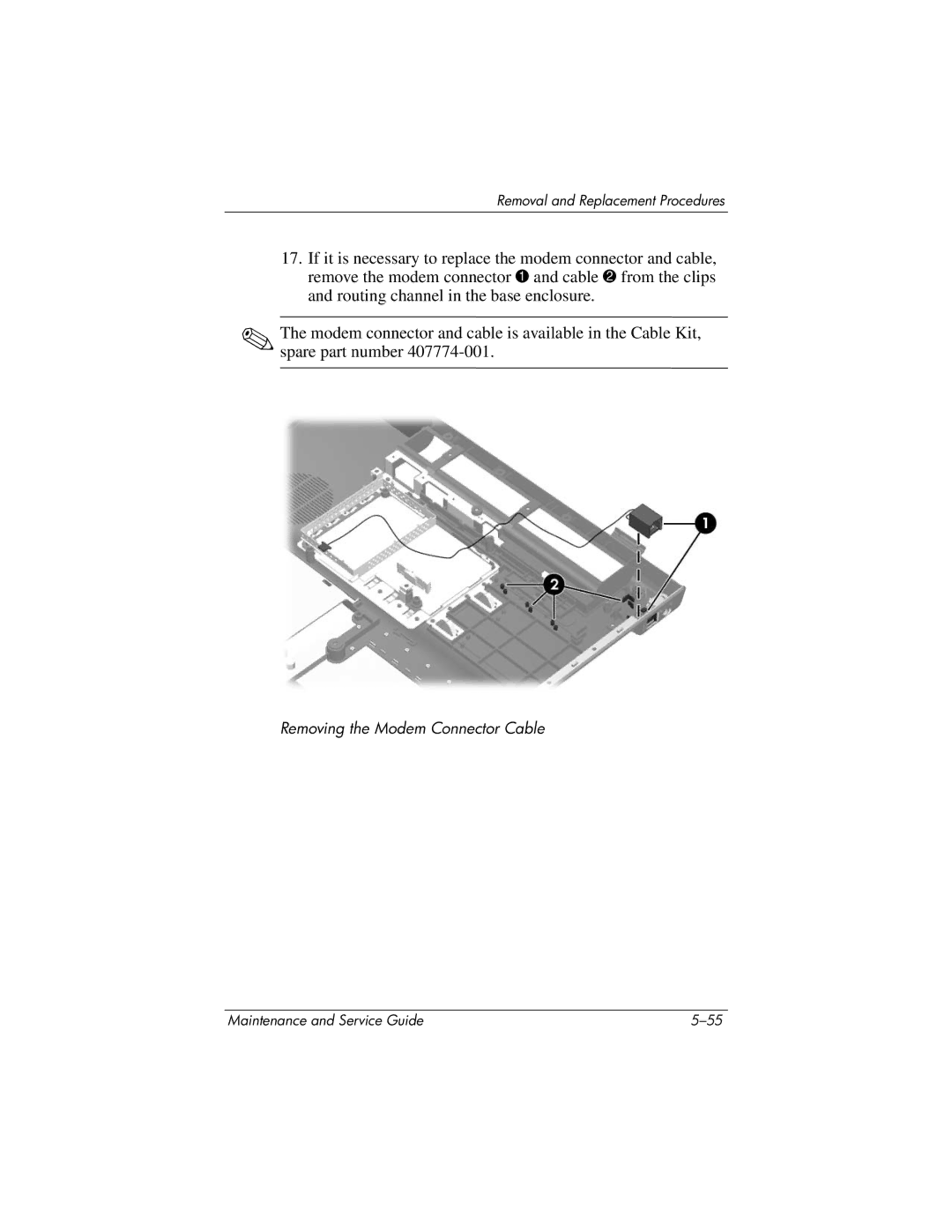 HP dv5100 manual Removing the Modem Connector Cable 