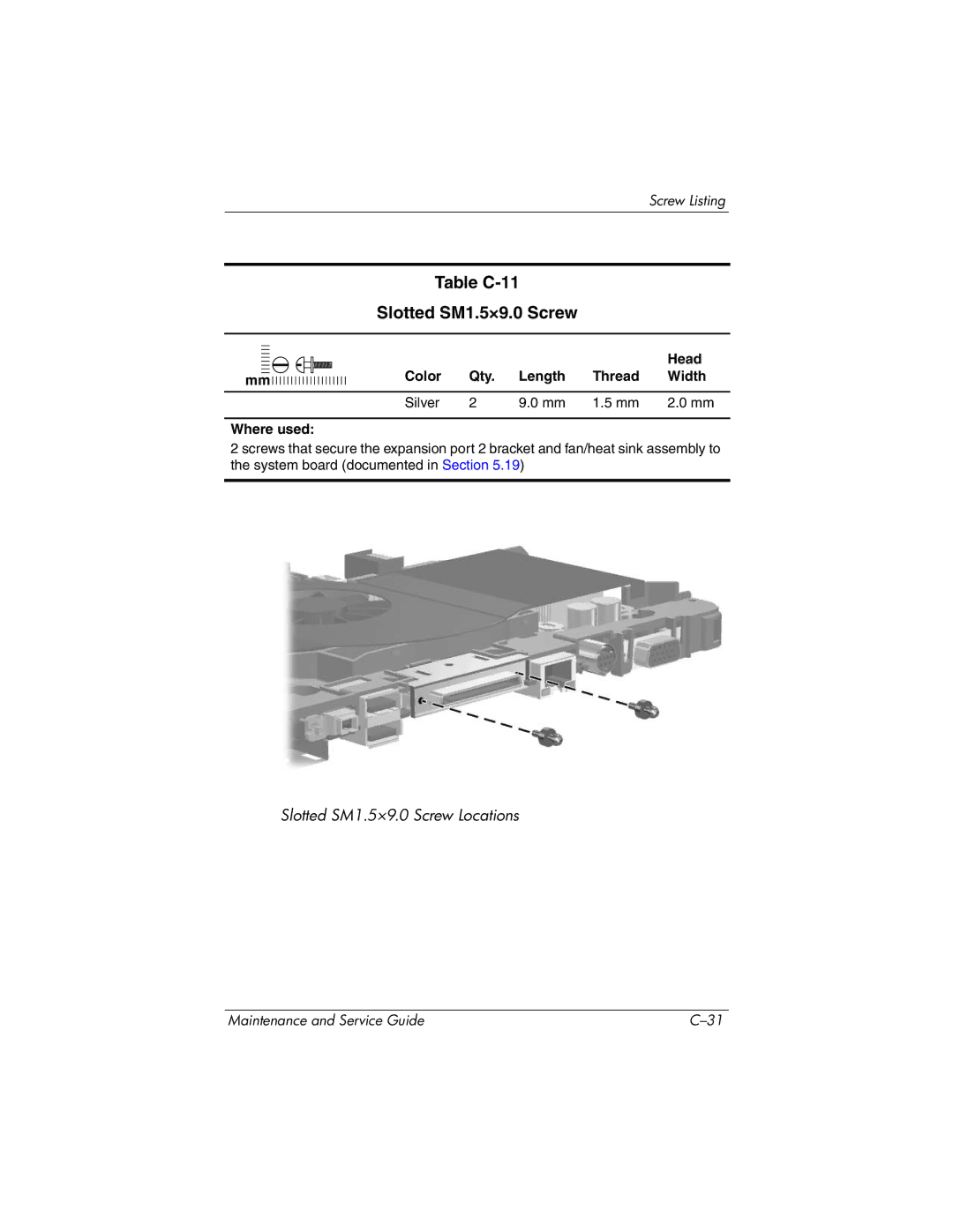 HP dv5100 manual Table C-11 Slotted SM1.5×9.0 Screw, Color Qty Length Thread Width Silver Where used 