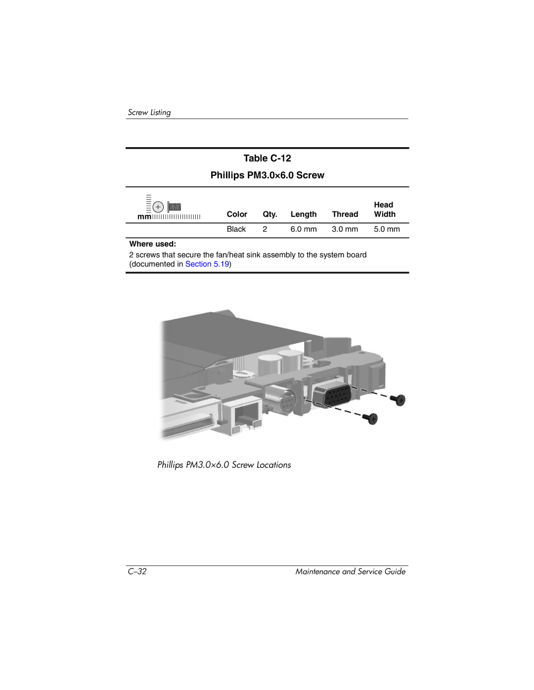 HP dv5100 manual Table C-12 Phillips PM3.0×6.0 Screw 