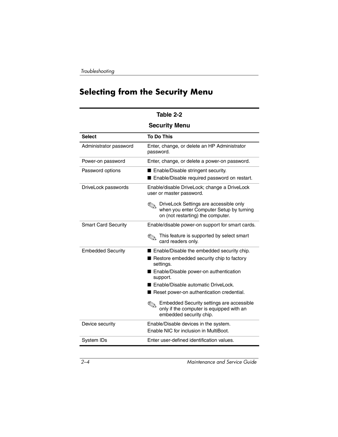 HP dv5100 manual Selecting from the Security Menu 