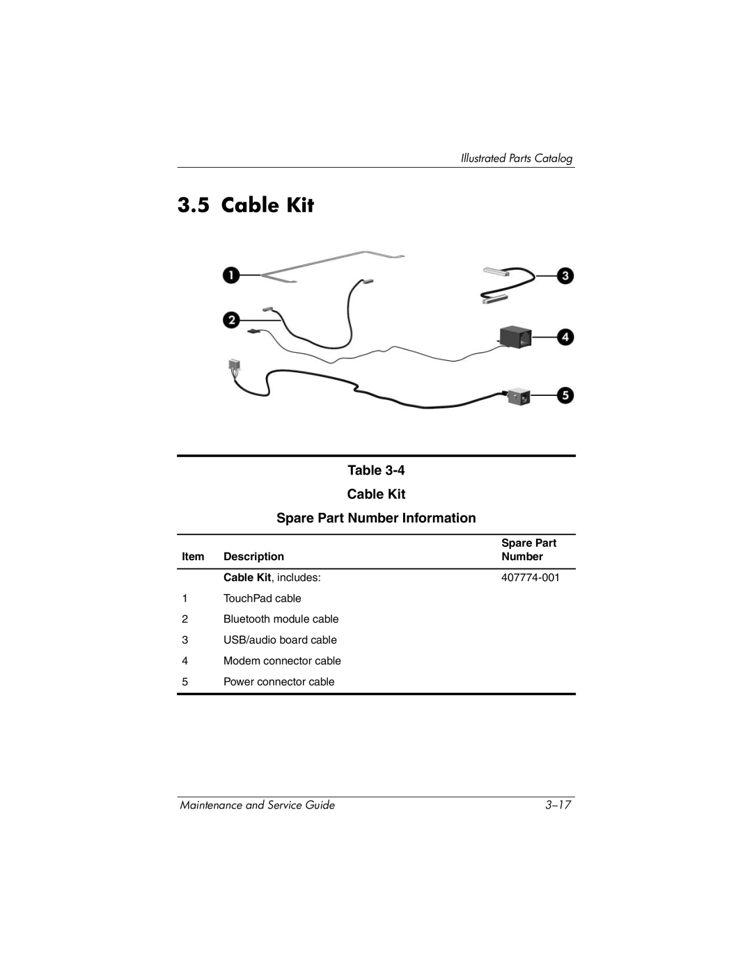 HP dv5100 manual Cable Kit Spare Part Number Information 