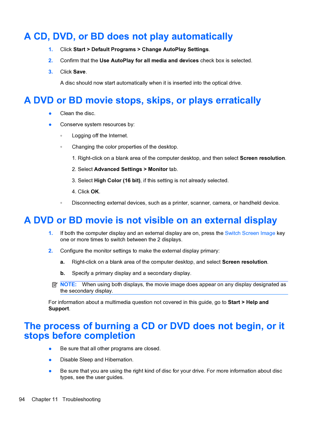 HP DV6-3225DX manual CD, DVD, or BD does not play automatically, DVD or BD movie stops, skips, or plays erratically 