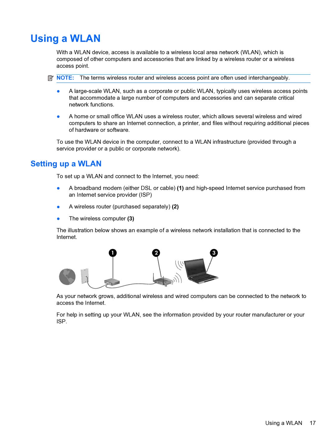 HP DV6-3225DX manual Using a Wlan, Setting up a Wlan 