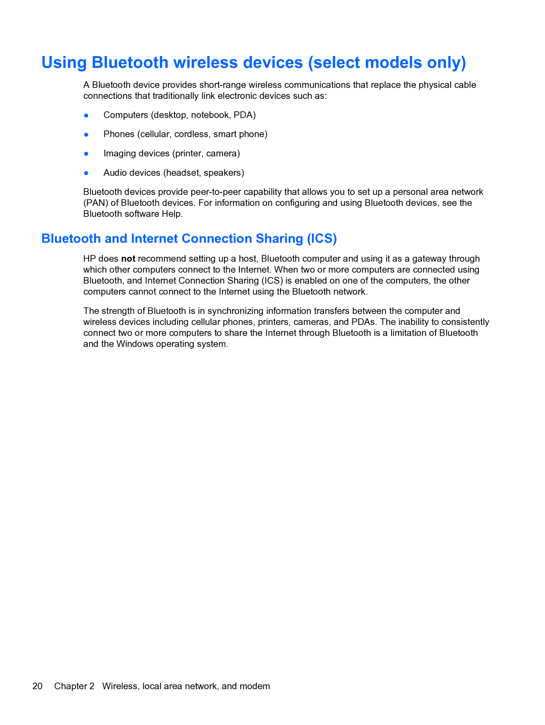 HP DV6-3225DX manual Using Bluetooth wireless devices select models only, Bluetooth and Internet Connection Sharing ICS 