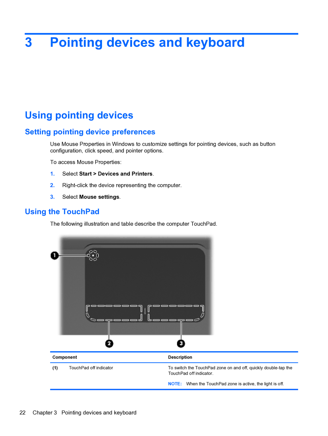 HP DV6-3225DX manual Pointing devices and keyboard, Using pointing devices, Setting pointing device preferences 