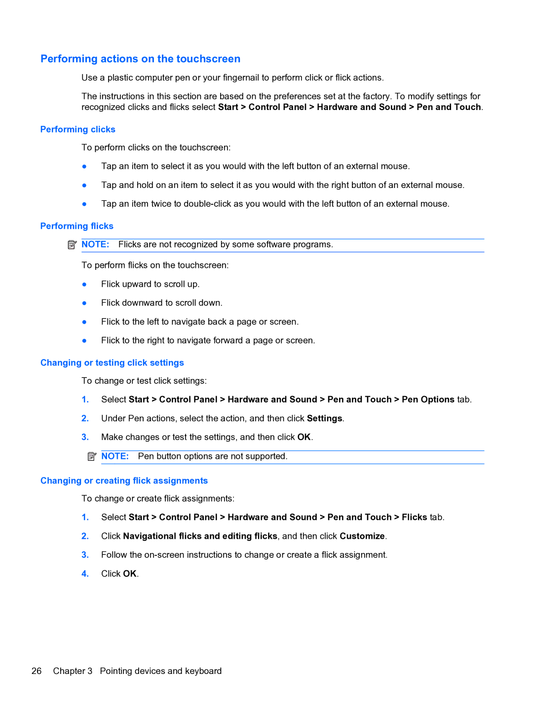 HP DV6-3225DX manual Performing actions on the touchscreen, Performing clicks 