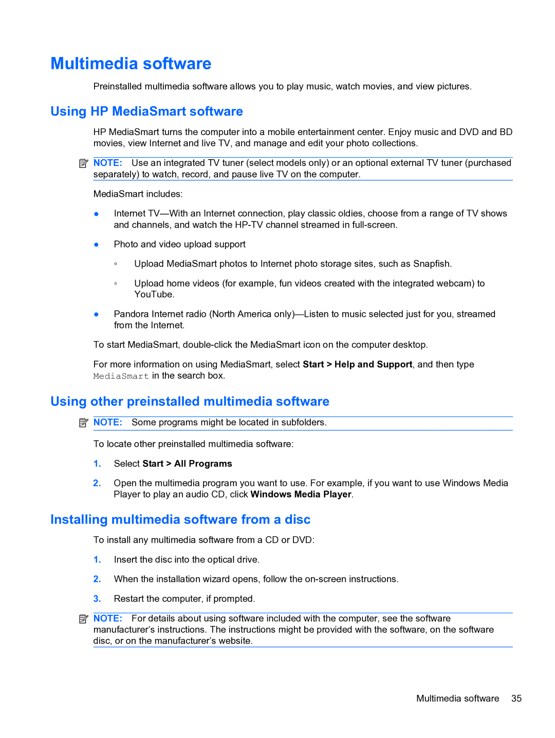 HP DV6-3225DX manual Multimedia software, Using HP MediaSmart software, Using other preinstalled multimedia software 