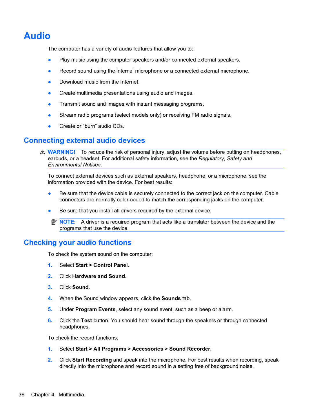 HP DV6-3225DX manual Audio, Connecting external audio devices, Checking your audio functions 