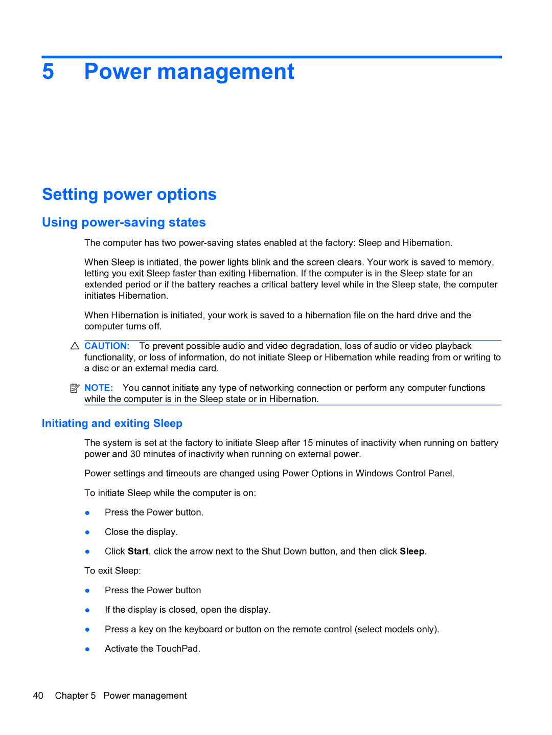 HP DV6-3225DX manual Power management, Setting power options, Using power-saving states, Initiating and exiting Sleep 