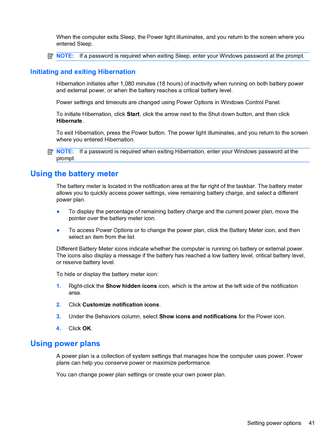 HP DV6-3225DX manual Using the battery meter, Using power plans, Initiating and exiting Hibernation 