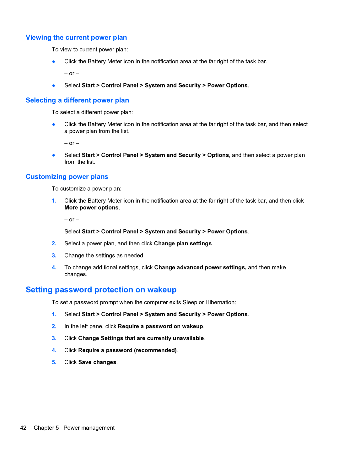 HP DV6-3225DX Setting password protection on wakeup, Viewing the current power plan, Selecting a different power plan 