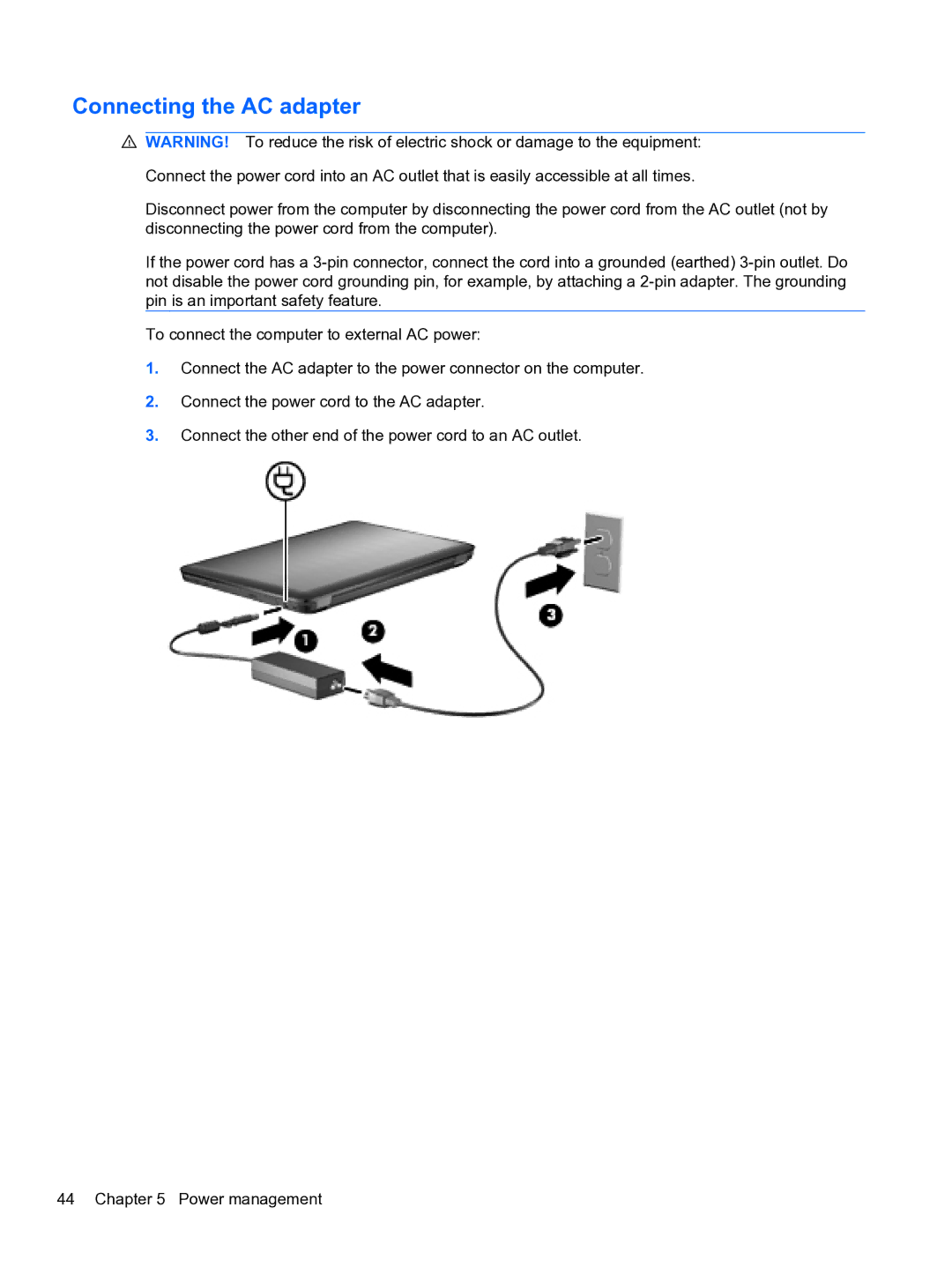 HP DV6-3225DX manual Connecting the AC adapter 