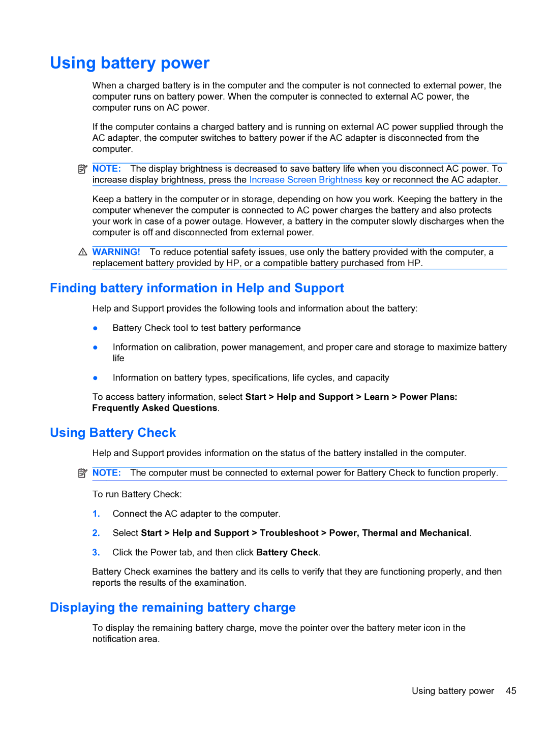 HP DV6-3225DX manual Using battery power, Finding battery information in Help and Support, Using Battery Check 