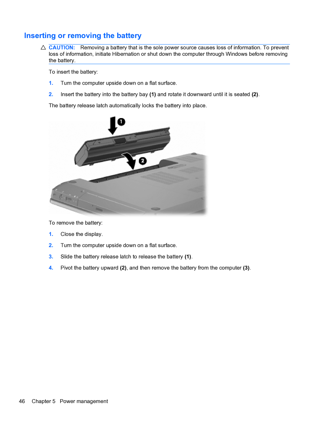 HP DV6-3225DX manual Inserting or removing the battery 