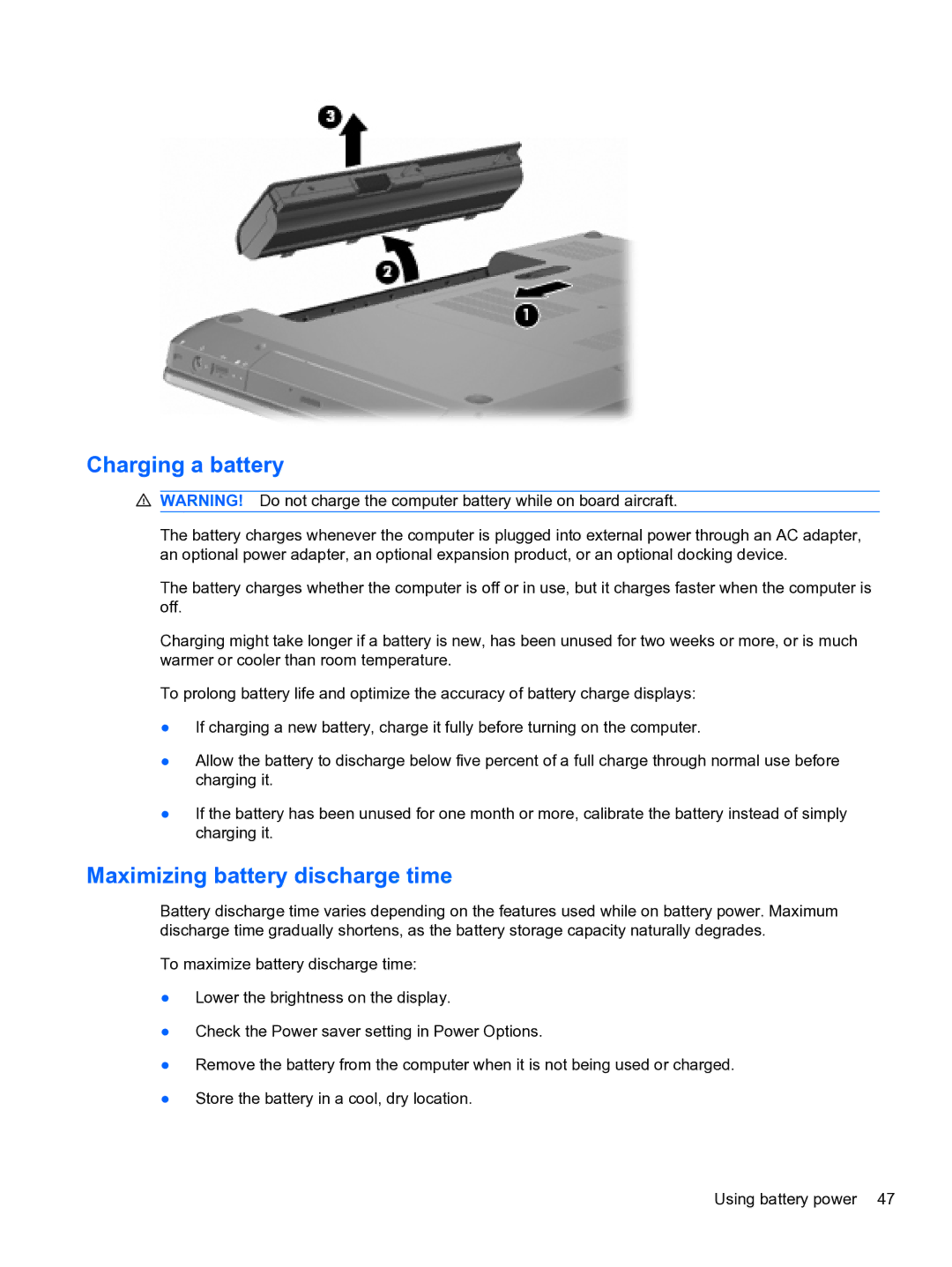 HP DV6-3225DX manual Charging a battery, Maximizing battery discharge time 