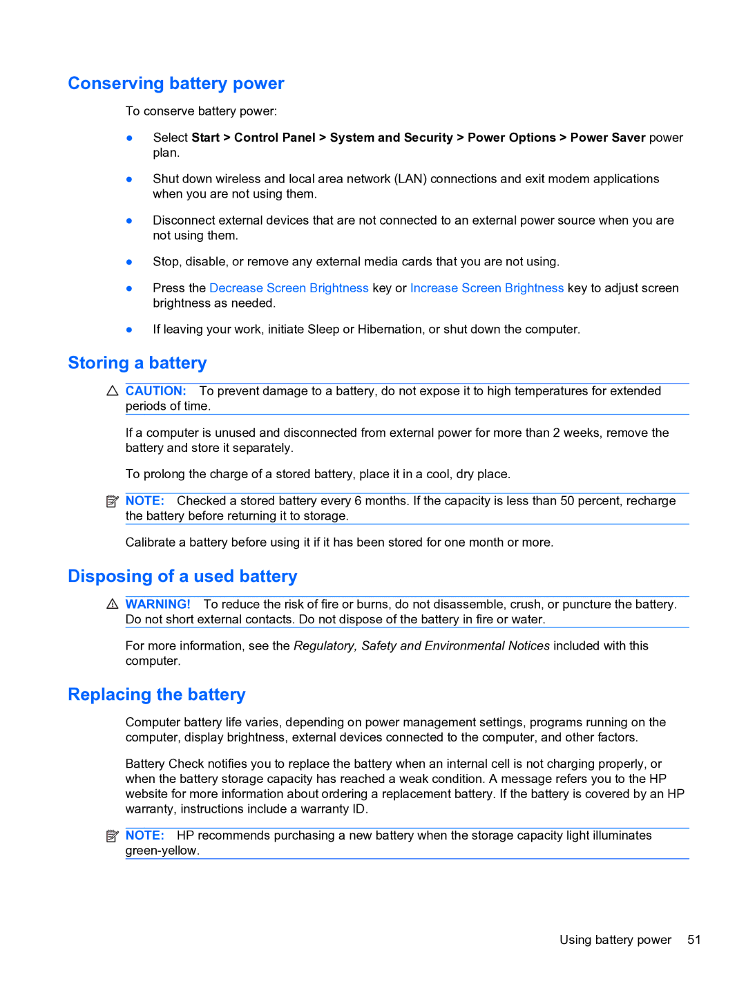 HP DV6-3225DX manual Conserving battery power, Storing a battery, Disposing of a used battery, Replacing the battery 