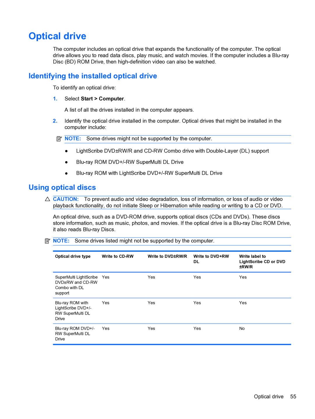 HP DV6-3225DX manual Optical drive, Identifying the installed optical drive, Using optical discs, Select Start Computer 