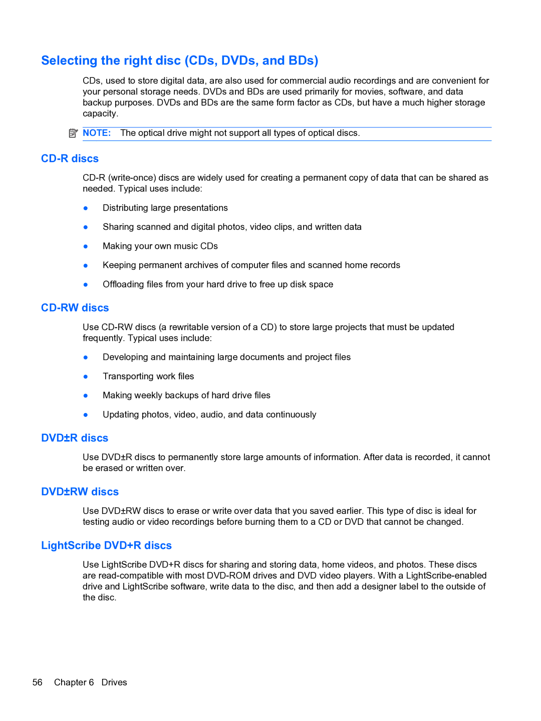 HP DV6-3225DX manual Selecting the right disc CDs, DVDs, and BDs 