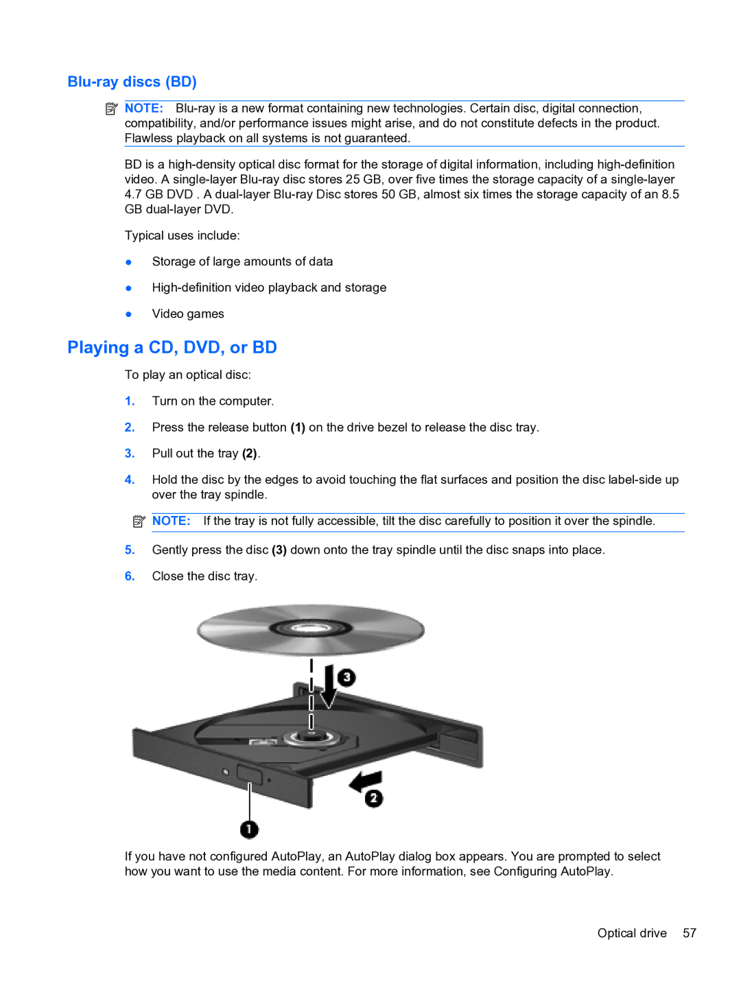 HP DV6-3225DX manual Playing a CD, DVD, or BD, Blu-ray discs BD 