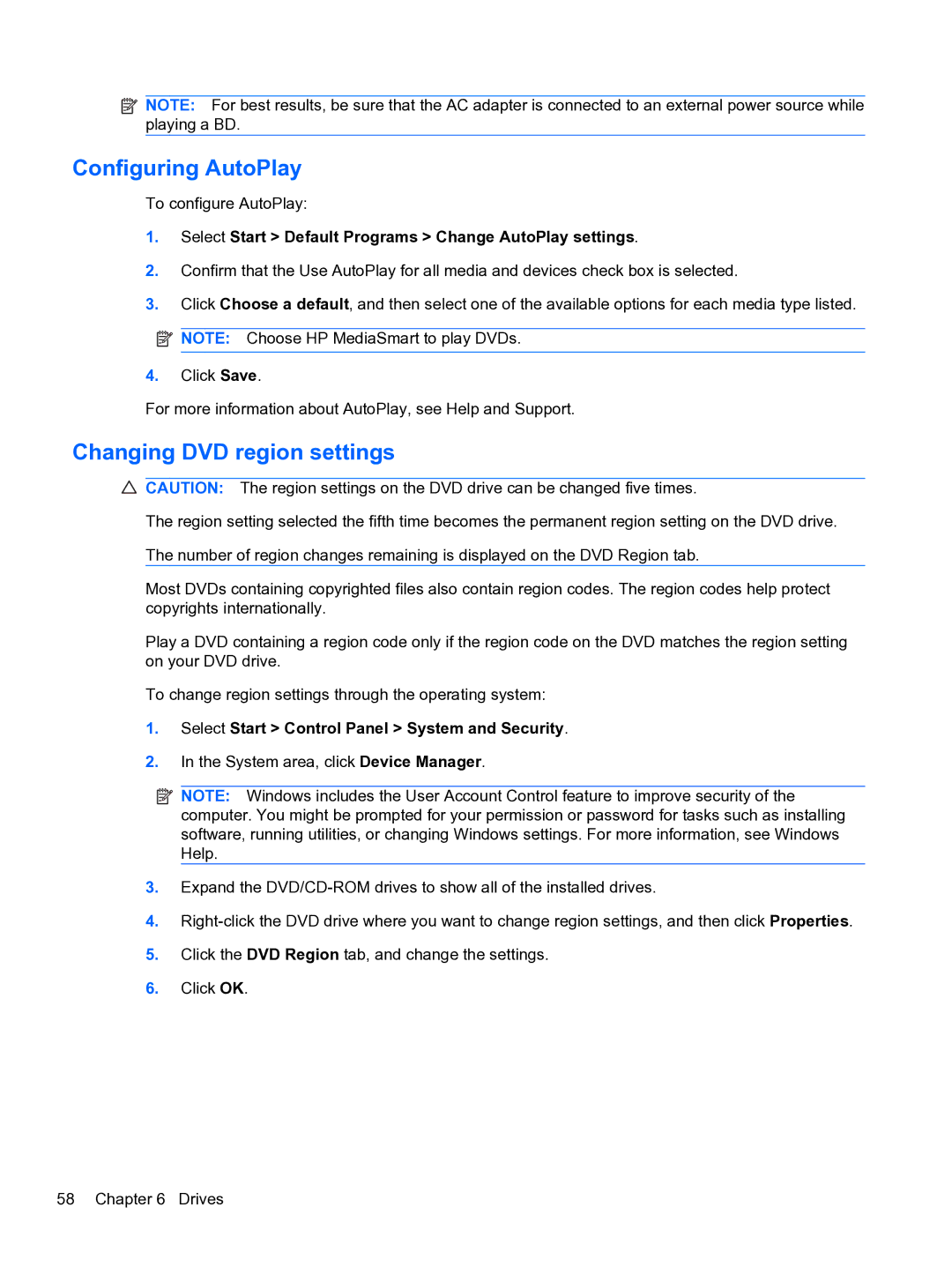 HP DV6-3225DX Configuring AutoPlay, Changing DVD region settings, Select Start Default Programs Change AutoPlay settings 