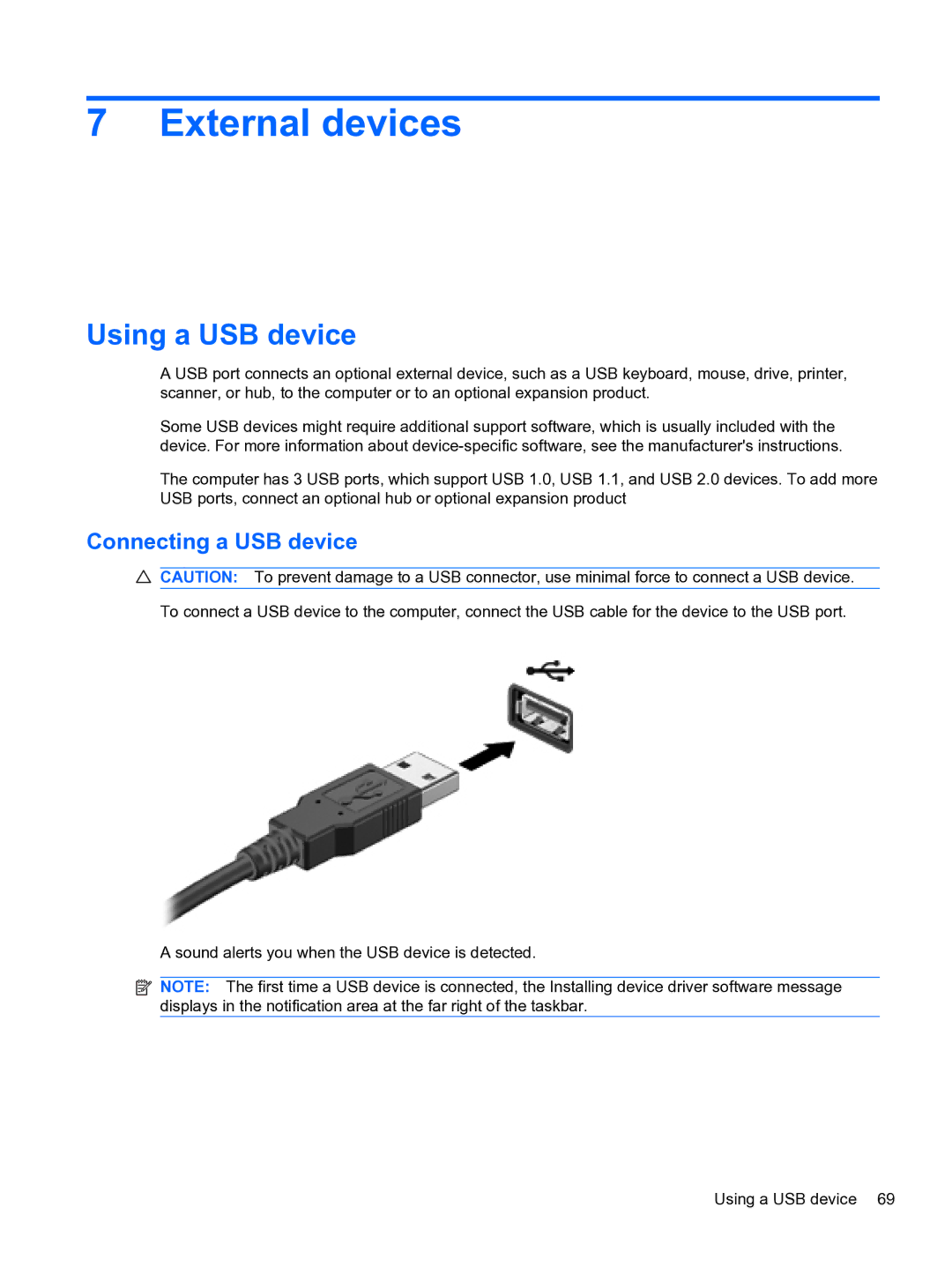 HP DV6-3225DX manual External devices, Using a USB device, Connecting a USB device 